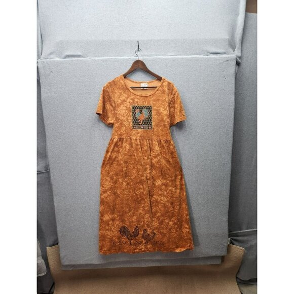 Cactus Bay Dresses & Skirts - Cactus Bay Womens L Orange Tie-Dye Cotton Dress With Rooster Embroidery & Short